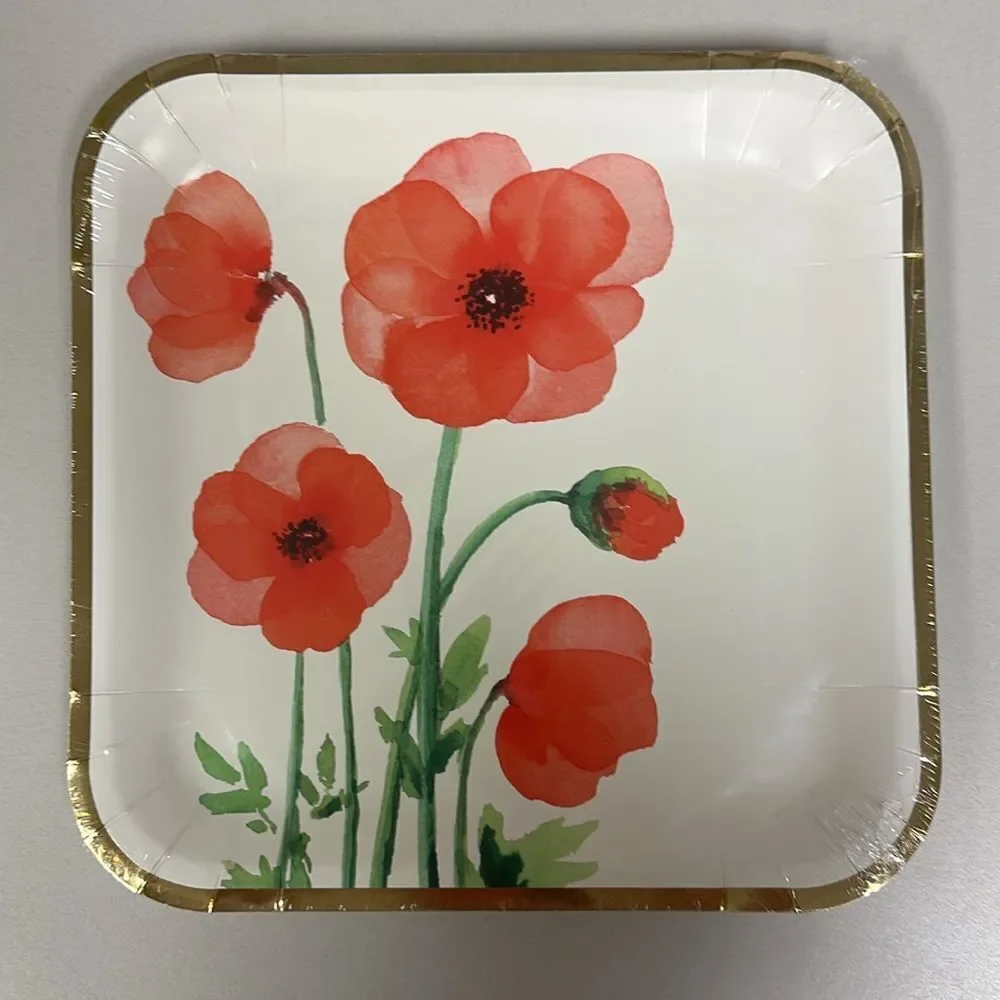 Field Poppy Florals Ivory Set of 8 paper dinner plates and 20 Square Napkins